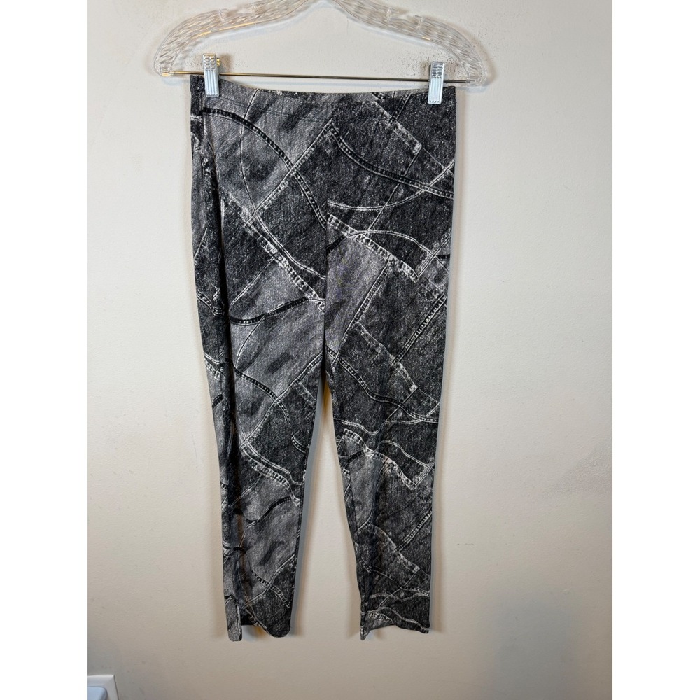 Clara Sunwoo Womens Leggings Faux Denim Patchwork Print Black Gray 1X